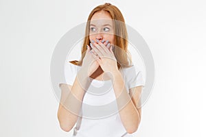 Young red-head woman covering her mouth,  on white, girl talk too much