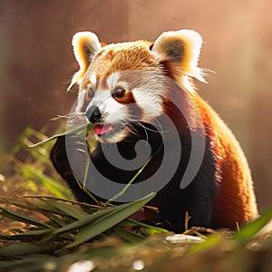 Young Red Panda Feeds on Bamboo . AI generated Illustration