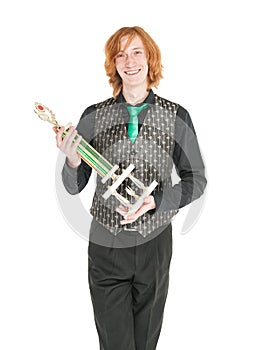 Young redhead man in costume for irish dance isolated