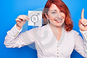 Young redhead woman asking for sex discrimination holding paper with gender equality message smiling with an idea or question