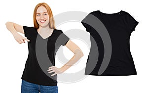 Young redhead woman in black shirt on white background - black tshirt close up mockup