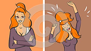 Young redhead woman calm then very happy, vector illustration