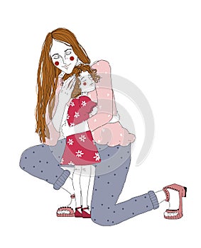 Young redhead woman cuddle preschool girl. Mother huggs her little doughte and express care and love. Happy Mothers day