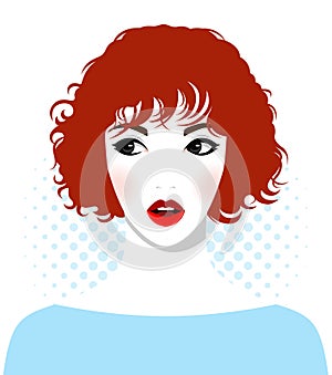 Young redhead woman with fresh pink cheeks and wavy short hair against dotted background