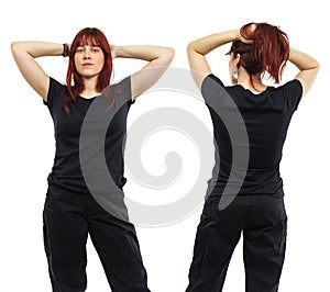 Young redhead woman posing with blank black shirt