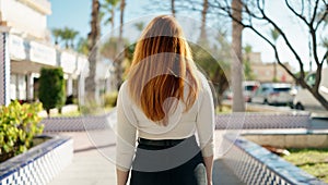Young redhead woman standing on back view at park