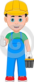 Young repairman giving thumbs up and holding toolbox