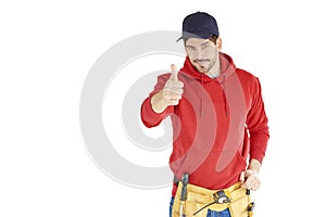 Young repairman with tool belt