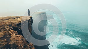 A young researcher stands on the edge of a windswept cliff overlooking a vast open ocean with back turned to the camera