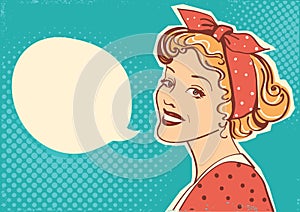 Young retro woman portrait with speach bubble for text.Vector illustration pop art background
