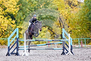 Young rider girl on bay horse jumping over barrier