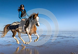 Young rider girl galloping on the beach with her mare