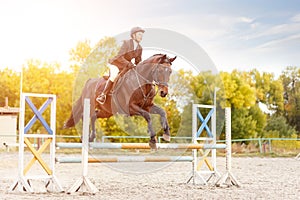 Young rider girl on horse show jumping competition