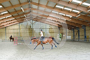 young rider on her horse doing dressage exercises with long reins