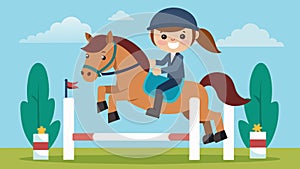 A young rider and her pony compete in a childrens show jumping class their bright smiles and determination evident as photo