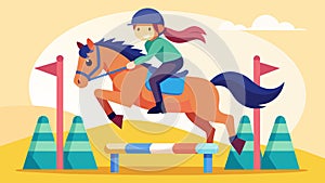 A young rider and her pony navigate through a colorful and creative show jumping course showcasing their playful and