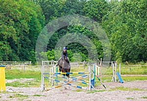 Young rider at show jumping. Horse rider jumps over hurdle