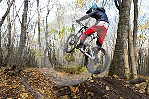 A young rider at the wheel of his mountain bike makes a trick in jumping on the springboard of the downhill mountain