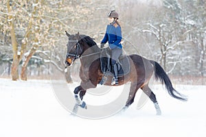 Young rider woman ejoying horse riding in winter park