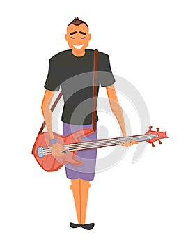 A young rock musician plays the electric guitar and smiles broadly. Teenager with trendy haircut