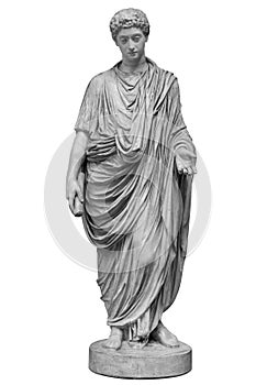 Young roman emperor Commodus statue isolated over white background. Lucius Aurelius Commodus reign is commonly