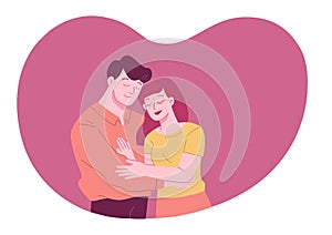 Young romantic couple is hug and spending time together in pink heart shape background.