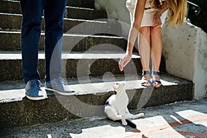 Young romantic couple playing with a cat in Positano, Italy