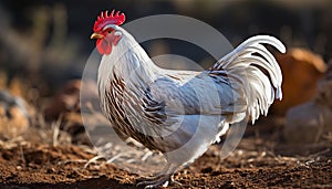 Young rooster standing in a meadow, pecking at the grass generated by AI