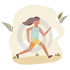 Young running girl doing plogging. Eco lifestyle.