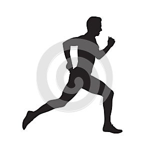 Young running man, isolated vector silhouette. Run, side view