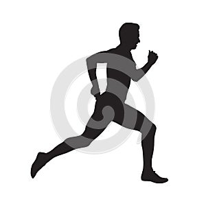 Young running man, isolated vector silhouette. Run, side view photo