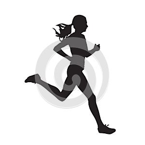 Young running woman, isolated vector silhouette. Run, side view