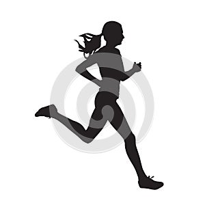 Young running woman, isolated vector silhouette. Run, side view photo