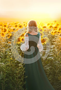 Young rural woman peasant back rear view. Bavarian beauty green dress vintage medieval national costume. Hairstyle