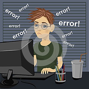 Young sad teenager confused and being in bad temper with error message on computer