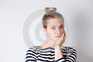 Young sad unhappy woman feel pain on her teeth isolated on white background, Toothache, misfortune, health, medicine, help