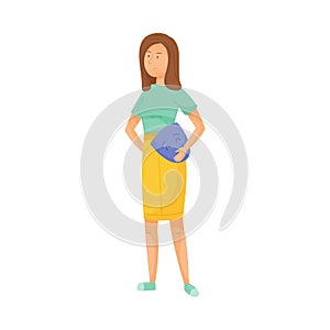 Young Sad Woman Standing and Holding Smiling Mask in Her Hands Vector Illustration