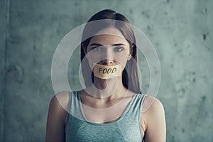 Young Sad Woman with Taped Mouth with Word Food.