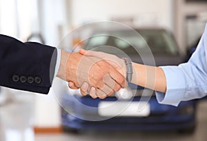 Young salesman shaking hands with client