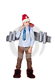 Young Santa Claus with a jetpack on his back holds gifts