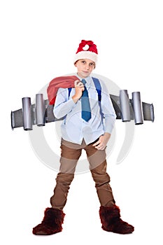 Young Santa Claus with a jetpack on his back holds gifts