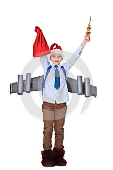 Young Santa Claus with a jetpack on his back holds gifts