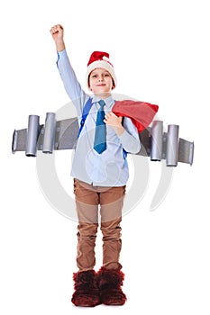 Young Santa Claus with a jetpack on his back holds presents