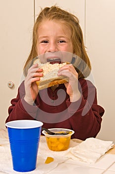 Young school girl eating lunch
