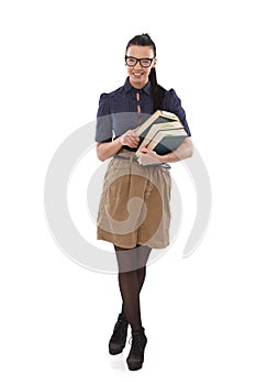 Young school-marm with books smiling