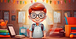 Young schoolboy learning homework, back to school - AI generated image