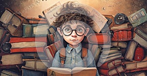 Young schoolboy learning homework, back to school - AI generated image