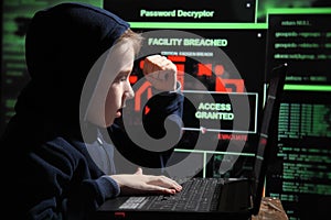 Young schoolboy prodigy - a hacker. Gifted student enters into the banking system.
