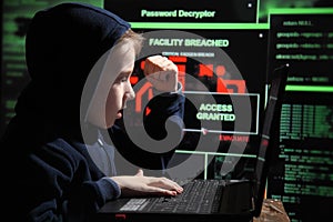 Young schoolboy prodigy - a hacker. Gifted student enters into the banking system. photo