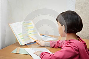 Cute little schoolgirl studying at home.